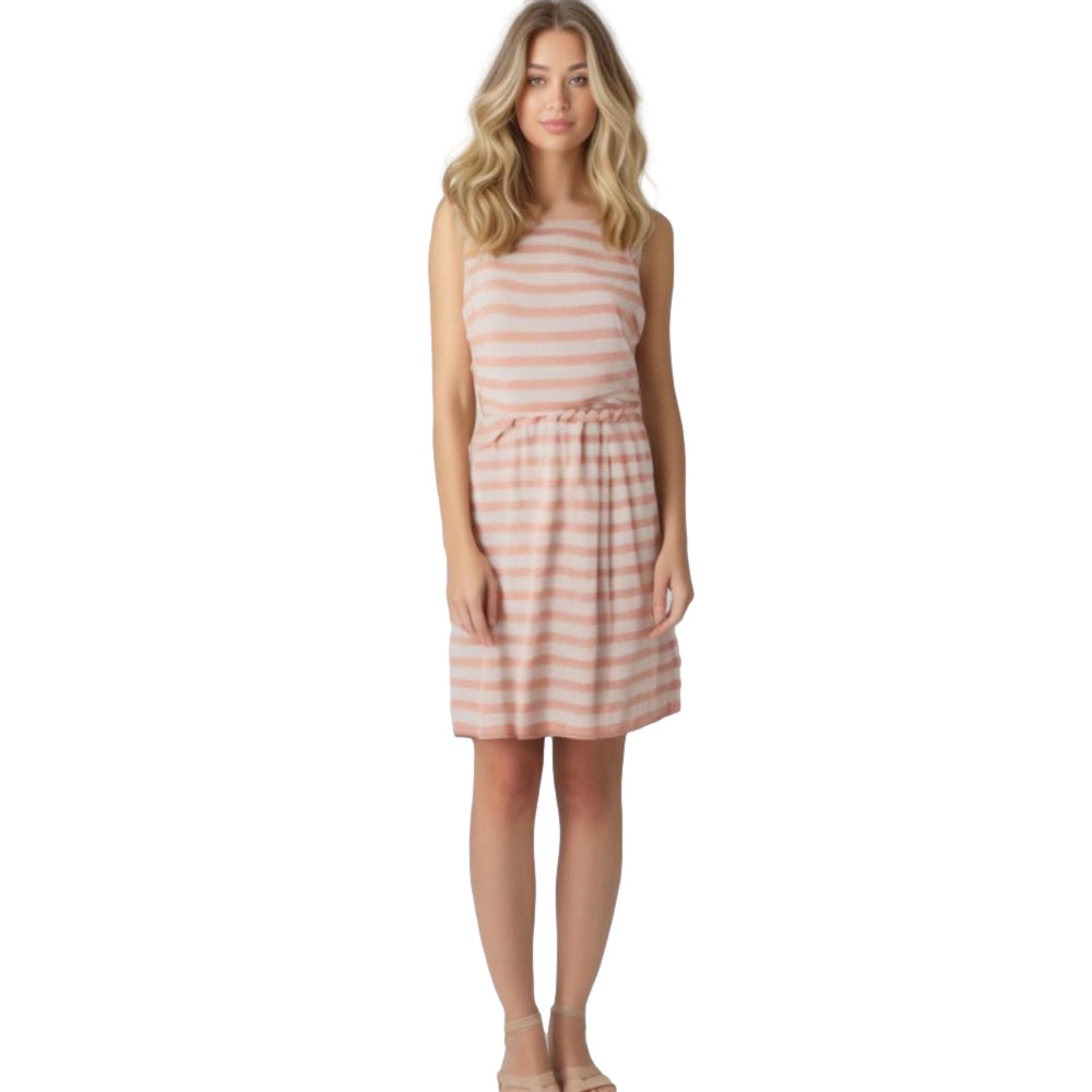 Linen Cotton Striped Mini Dress Red & White Keyhole Back Pockets Casual Summer L